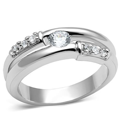 3W049 Rhodium Brass Ring featuring AAA Grade CZ stones, showcasing its elegant design and clear sparkle.