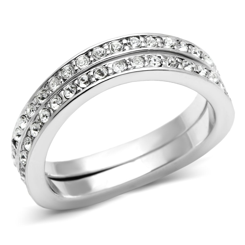 3W053 Rhodium Brass Ring featuring a clear top grade crystal, showcasing its elegant design and shiny finish.