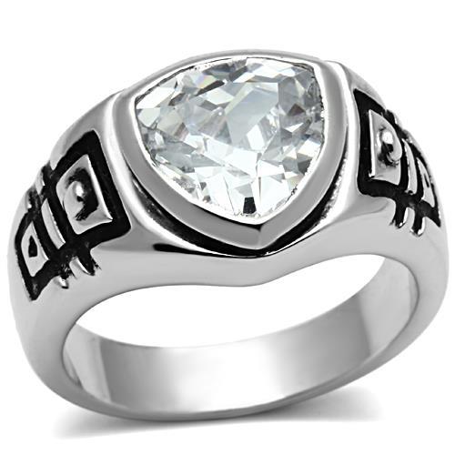 3W062 Rhodium Brass Ring featuring a clear AAA Grade CZ stone, showcasing its elegant design and shiny finish.