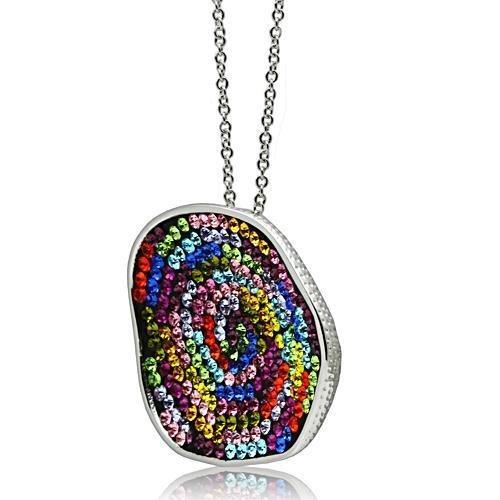 3W071 Rhodium Brass Pendant featuring vibrant multi-color top-grade crystal, elegantly designed for stylish wear.