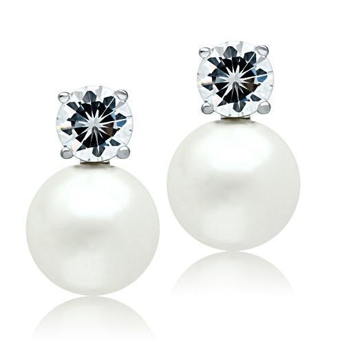 Elegant 3W088 Rhodium Brass Earrings featuring a white synthetic pearl centerpiece, showcasing a stylish design.