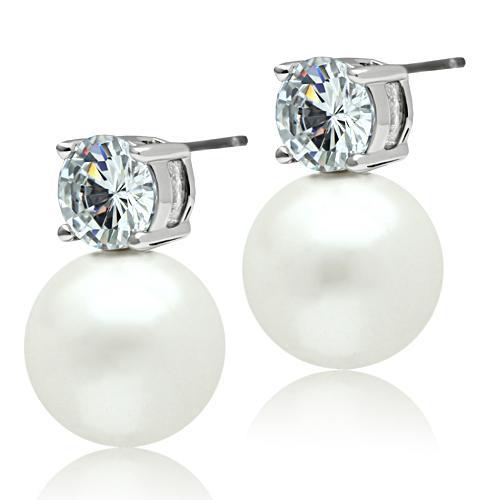 Elegant 3W088 Rhodium Brass Earrings featuring a white synthetic pearl centerpiece, showcasing a stylish design.
