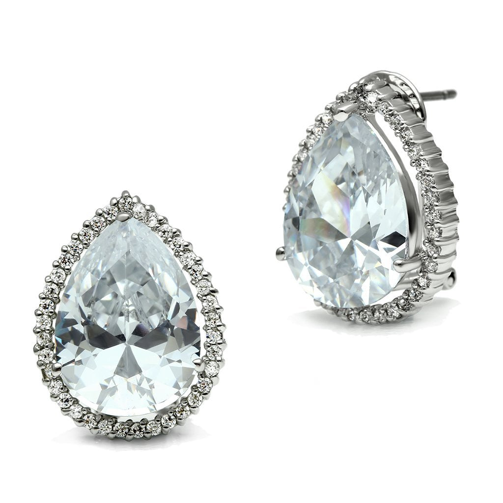 Elegant 3W080 Rhodium Brass Earrings featuring AAA Grade Clear CZ stone, showcasing a luxurious design perfect for any occasion.