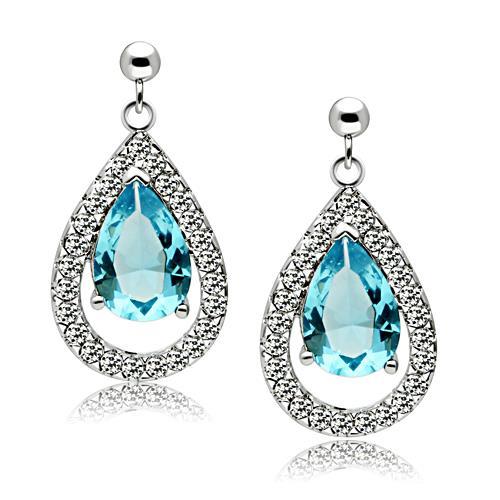 Elegant 3W083 Rhodium Brass Earrings featuring vibrant sea blue synthetic glass stone, perfect for any occasion.