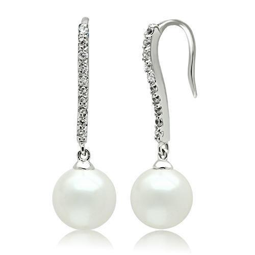 Elegant 3W086 Rhodium Brass Earrings featuring a synthetic white pearl centerpiece, showcasing a luxurious shine.