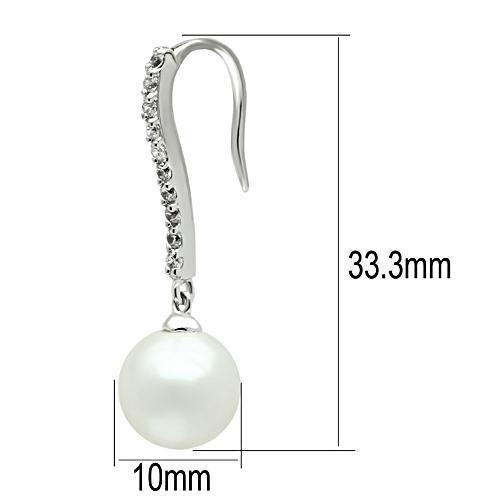 Elegant 3W086 Rhodium Brass Earrings featuring a synthetic white pearl centerpiece, showcasing a luxurious shine.