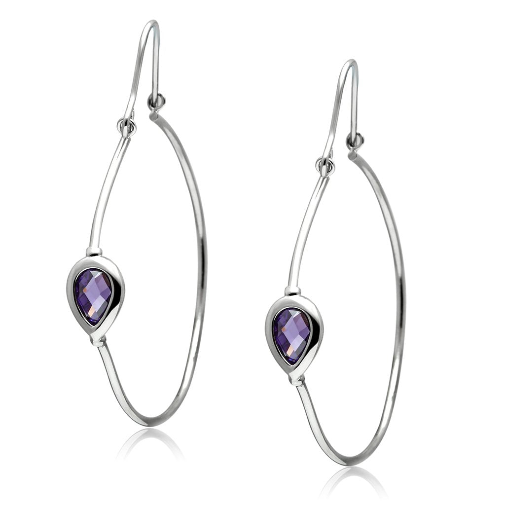 Elegant 3W099 Rhodium Brass Earrings featuring AAA Grade CZ in Amethyst, showcasing their beautiful design and color.