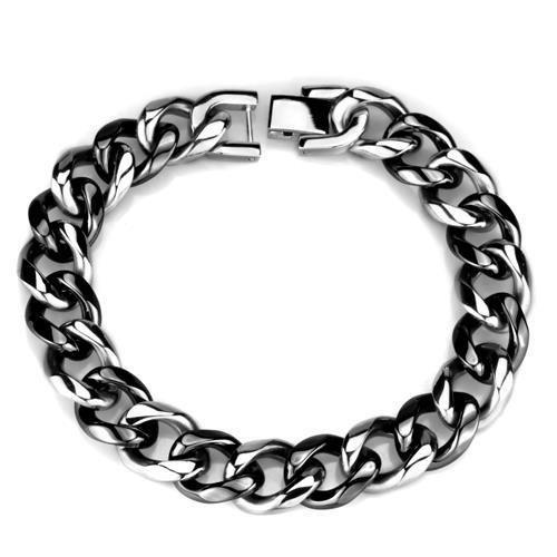 High polished stainless steel bracelet featuring a jet ceramic center stone, showcasing elegance and modern design.