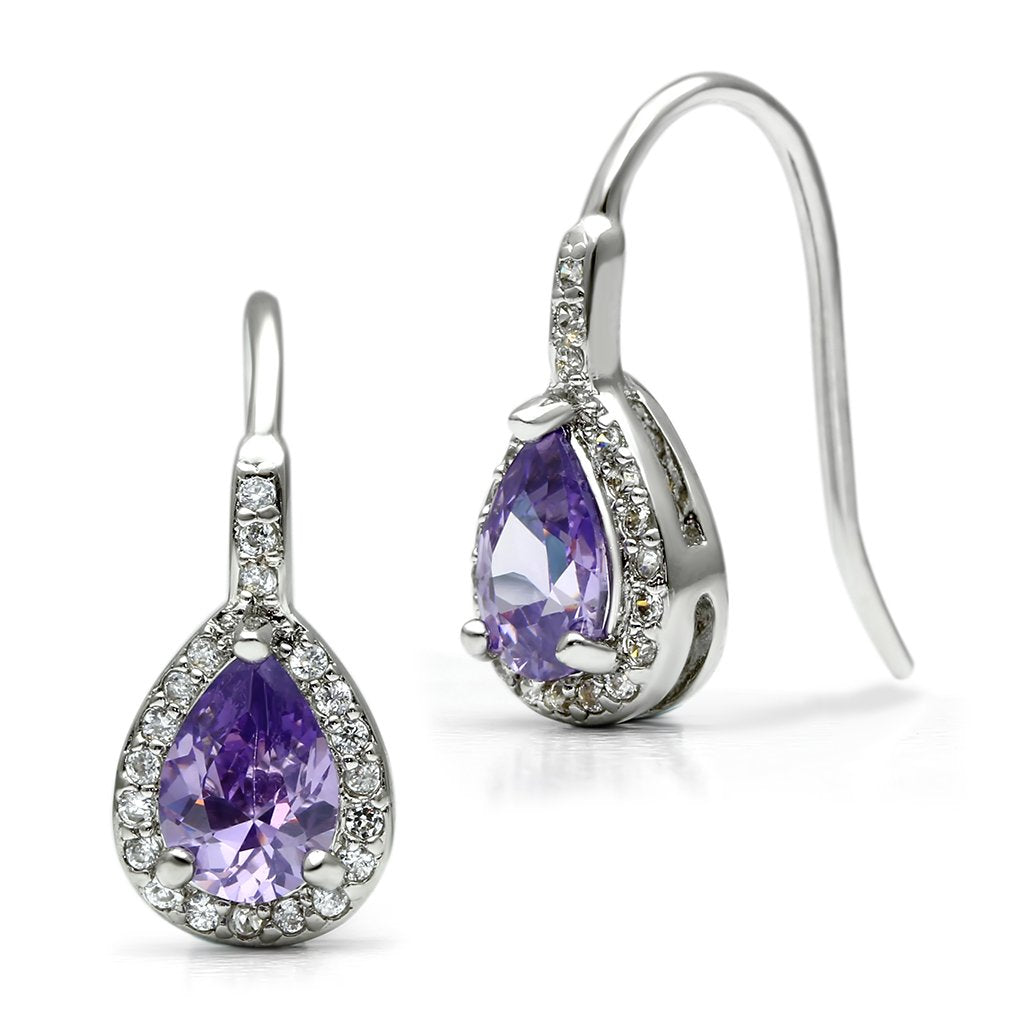 3W100 Rhodium Brass Earrings featuring AAA Grade CZ in Amethyst, showcasing their elegant design and vibrant color.