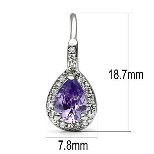 3W100 Rhodium Brass Earrings featuring AAA Grade CZ in Amethyst, showcasing their elegant design and vibrant color.