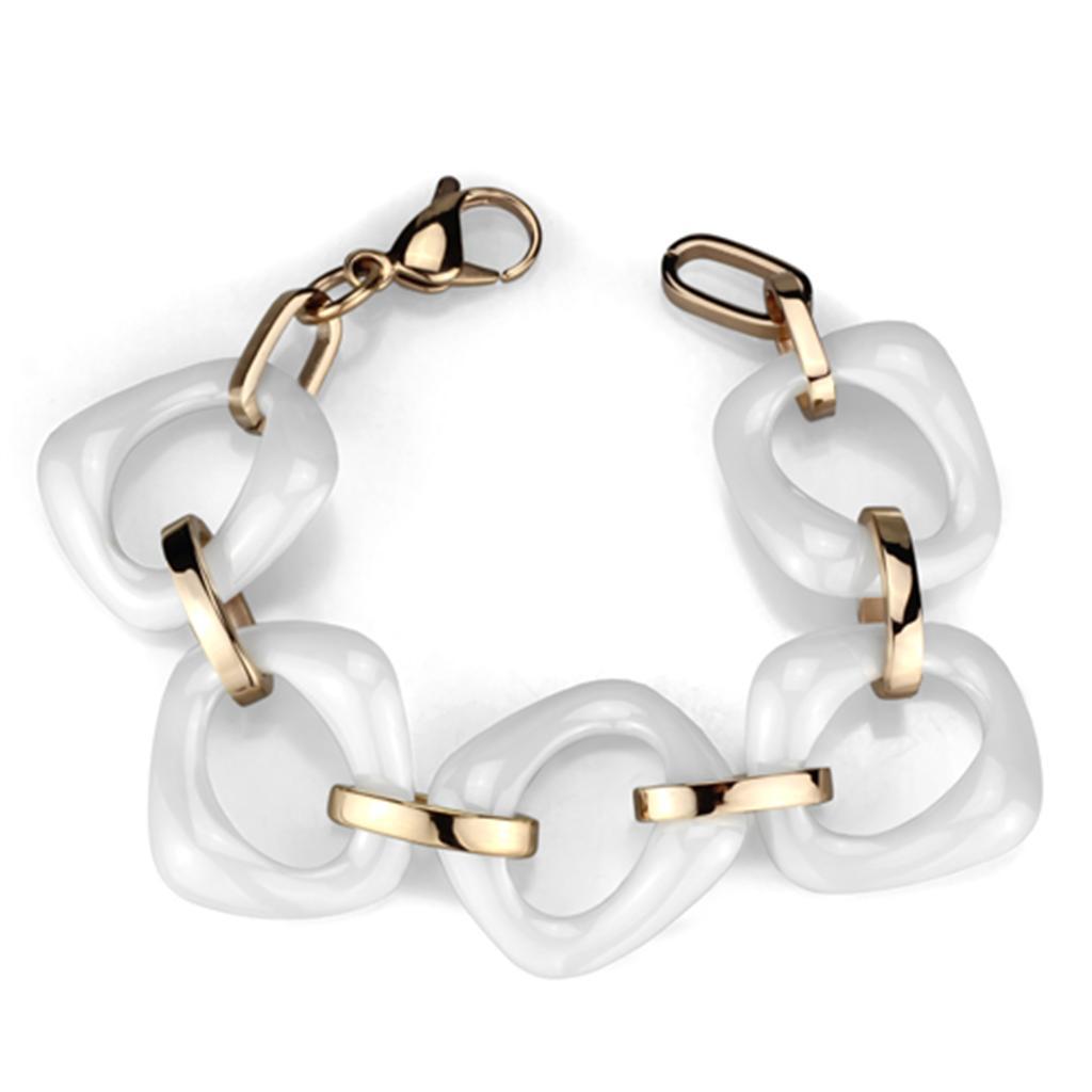 3W1010 IP Rose Gold Stainless Steel Bracelet featuring a white ceramic centerpiece, showcasing elegance and durability.