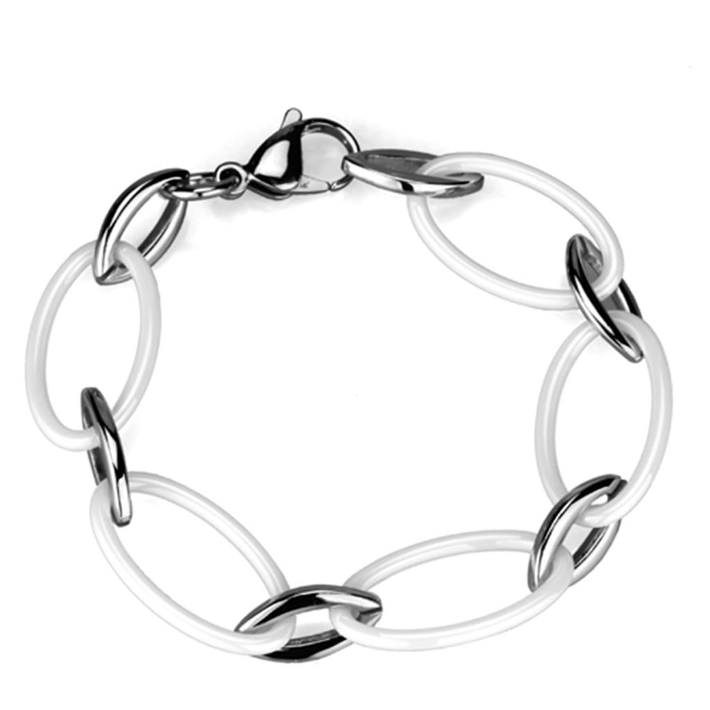 3W1014 High Polished Stainless Steel Bracelet featuring a white ceramic center stone, showcasing a sleek and elegant design.
