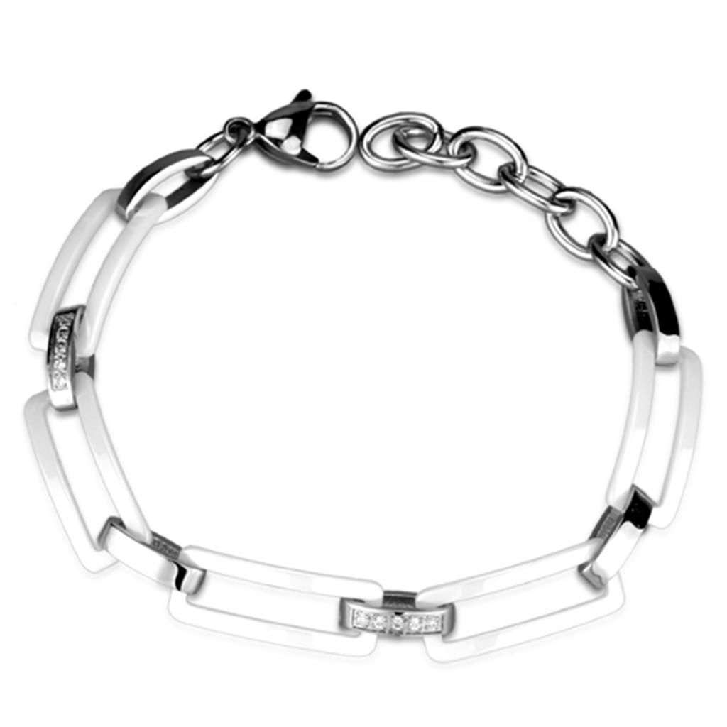 3W1016 High Polished Stainless Steel Bracelet featuring a white ceramic center stone, showcasing its elegant design and shiny finish.