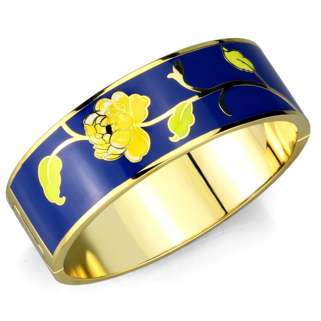 Elegant 3W1018 Gold White Metal Bangle featuring a striking Capri Blue Epoxy centerpiece, perfect for stylish accessorizing.