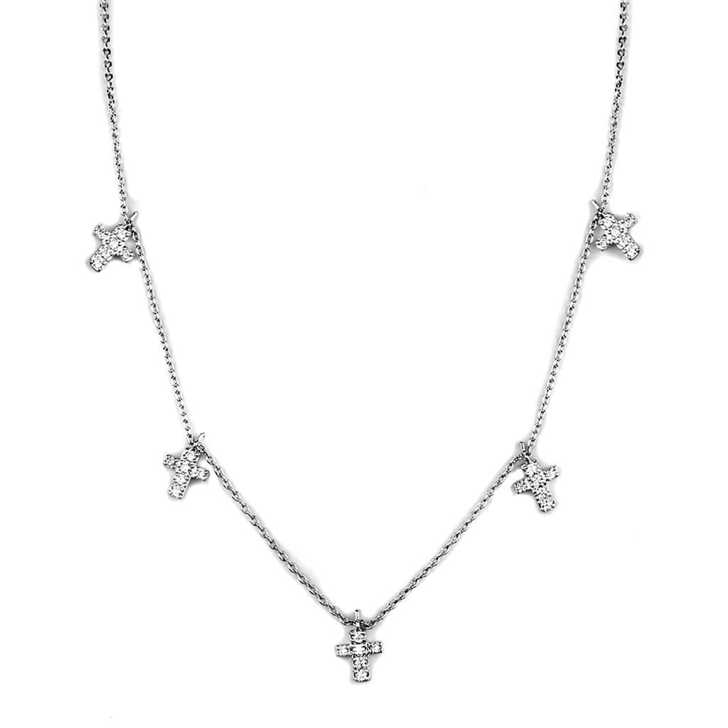 3W1037 Rhodium Brass Chain Pendant featuring a clear AAA Grade CZ stone, elegantly designed for versatile wear.