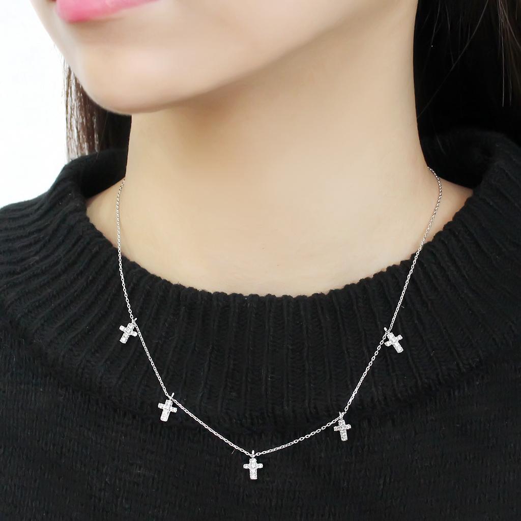 3W1037 Rhodium Brass Chain Pendant featuring a clear AAA Grade CZ stone, elegantly designed for versatile wear.