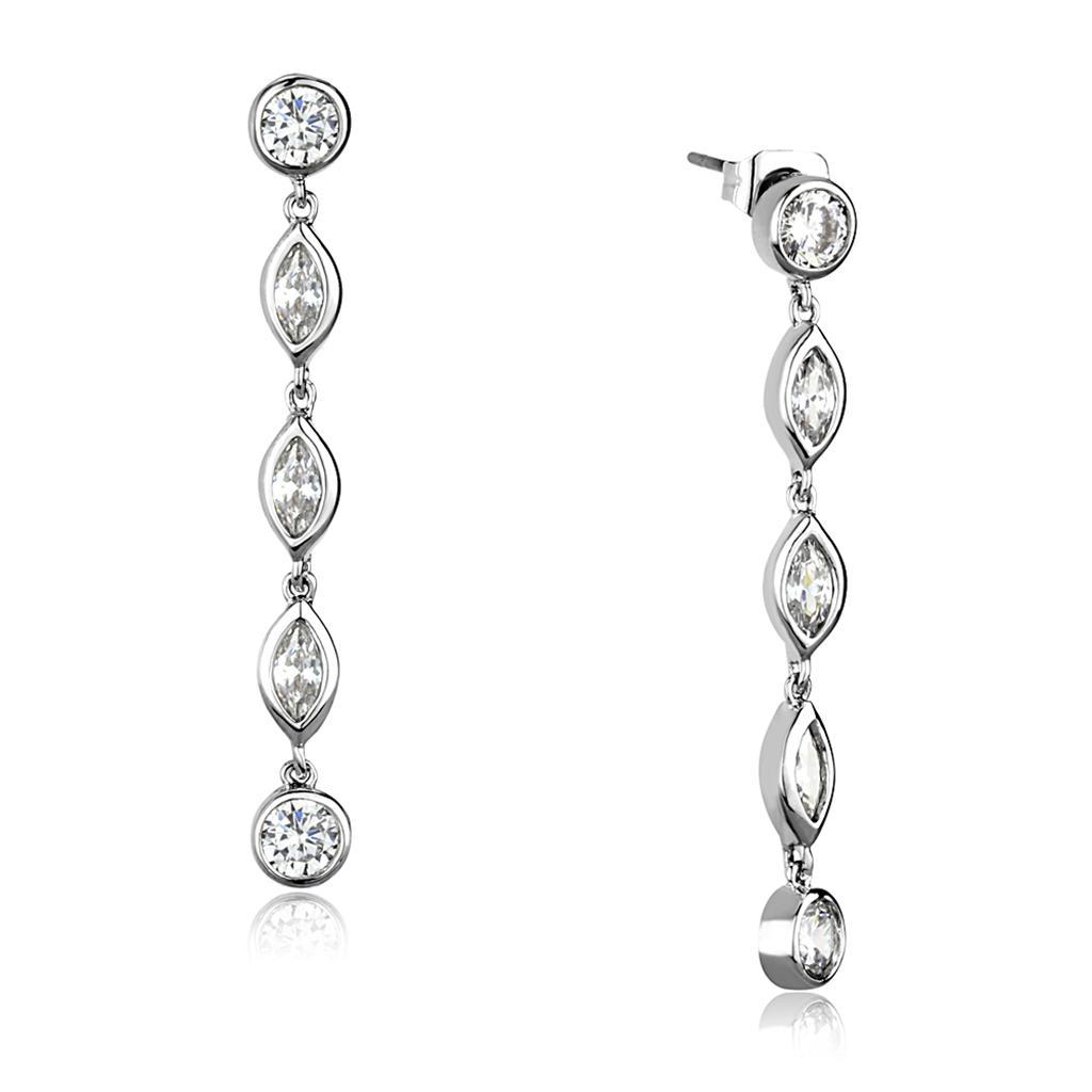 Elegant 3W1049 Rhodium Brass Earrings featuring AAA Grade Clear CZ stone, showcasing a luxurious design.