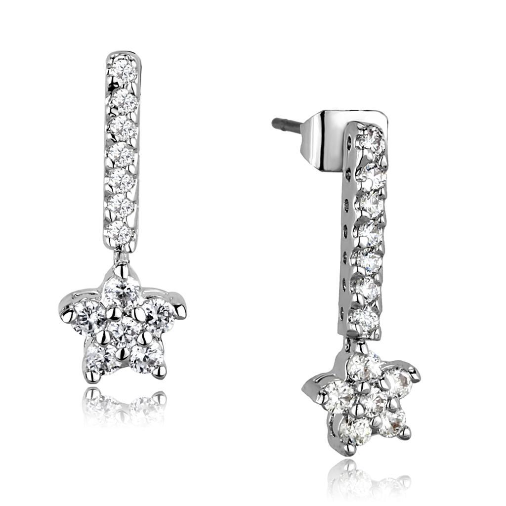 Elegant 3W1056 Rhodium Brass Earrings featuring AAA Grade Clear CZ stone, showcasing a luxurious design.
