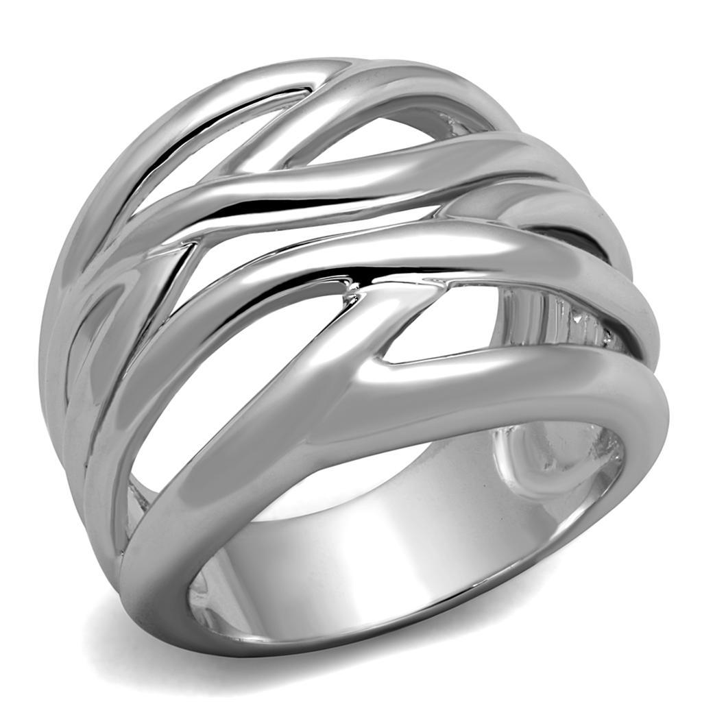A sleek rhodium brass ring with a polished finish, showcasing its minimalist design without any stones.