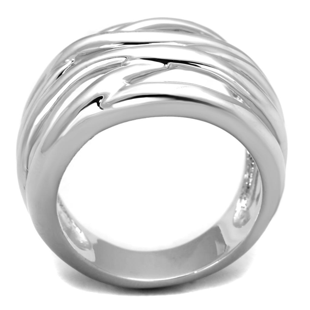 A sleek rhodium brass ring with a polished finish, showcasing its minimalist design without any stones.