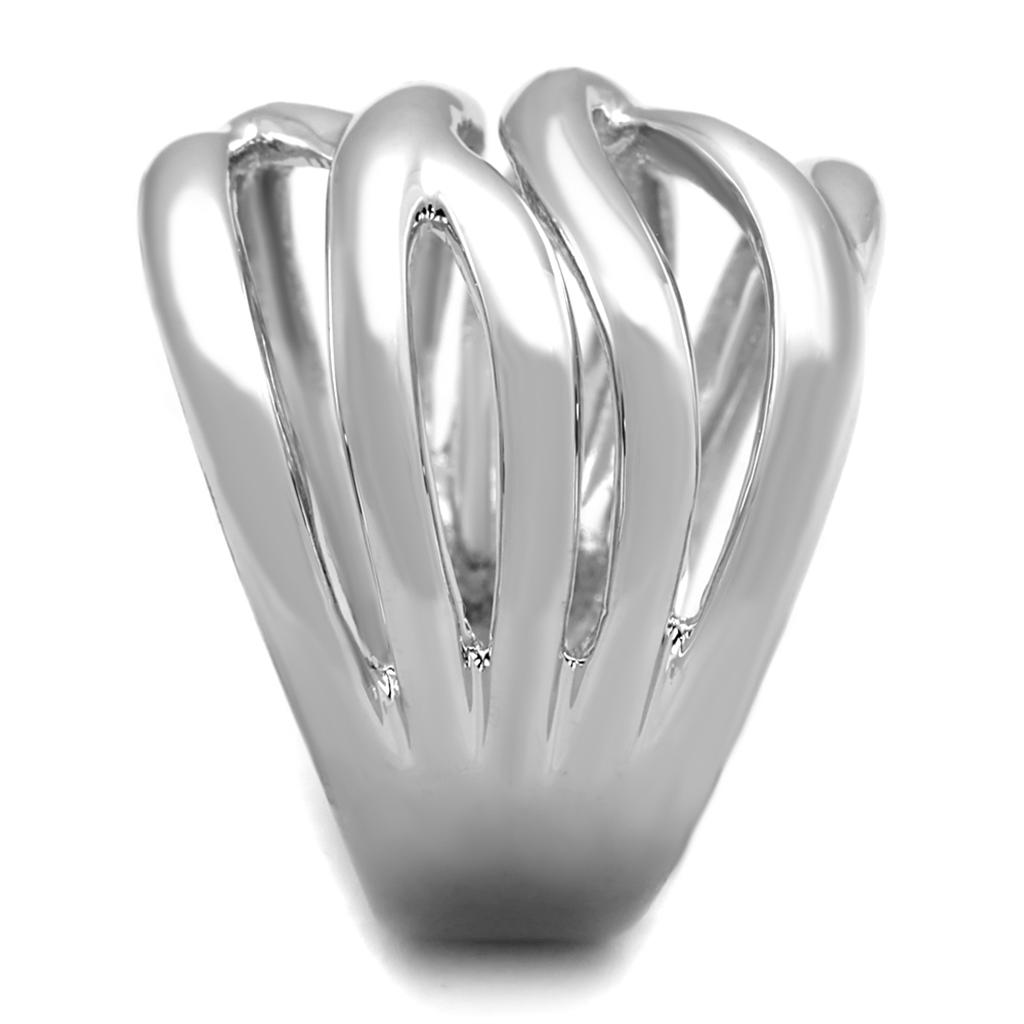 A sleek rhodium brass ring with a polished finish, showcasing its minimalist design without any stones.