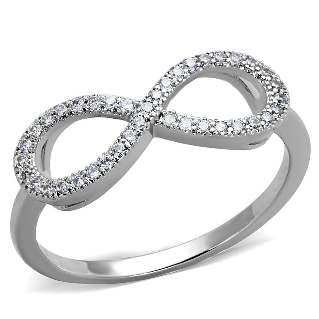 3W1068 Rhodium Brass Ring featuring a clear AAA Grade CZ stone, showcasing its elegant design and shiny finish.