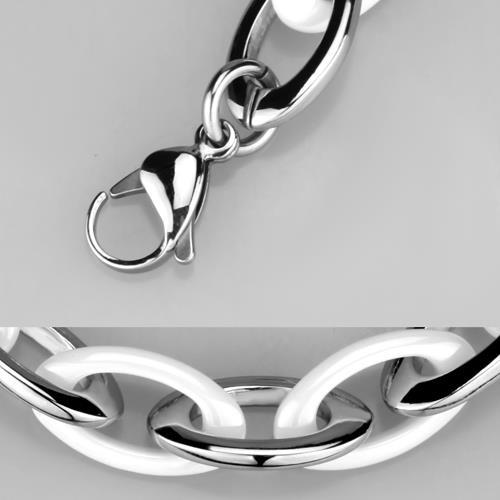 High polished stainless steel bracelet featuring a white ceramic center stone, showcasing elegance and durability.