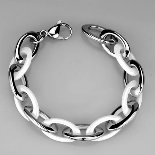 High polished stainless steel bracelet featuring a white ceramic center stone, showcasing elegance and durability.