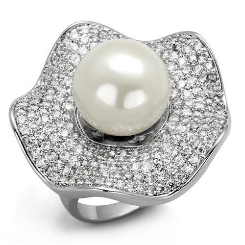 3W1080 Rhodium Brass Ring featuring a synthetic white pearl centerpiece, elegantly designed for sophistication.