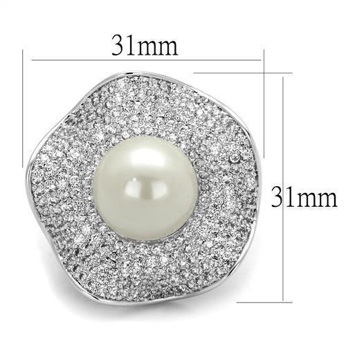 3W1080 Rhodium Brass Ring featuring a synthetic white pearl centerpiece, elegantly designed for sophistication.