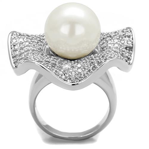 3W1080 Rhodium Brass Ring featuring a synthetic white pearl centerpiece, elegantly designed for sophistication.