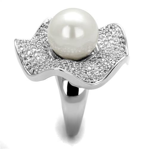 3W1080 Rhodium Brass Ring featuring a synthetic white pearl centerpiece, elegantly designed for sophistication.