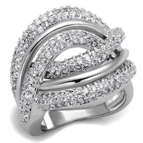 3W1081 Rhodium Brass Ring featuring a clear AAA Grade CZ stone, showcasing its elegant design and shiny finish.