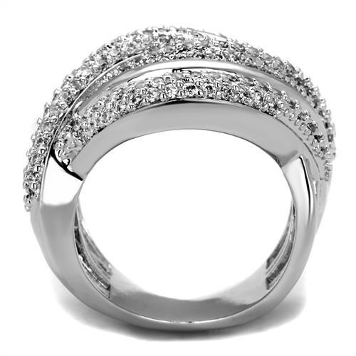 3W1081 Rhodium Brass Ring featuring a clear AAA Grade CZ stone, showcasing its elegant design and shiny finish.