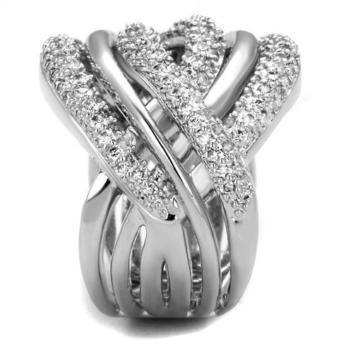 3W1081 Rhodium Brass Ring featuring a clear AAA Grade CZ stone, showcasing its elegant design and shiny finish.