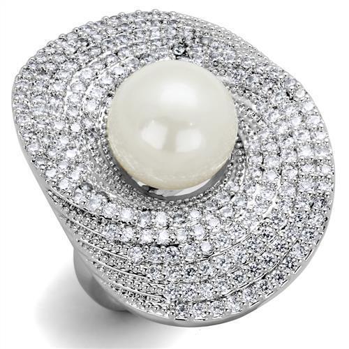 Rhodium brass ring featuring a synthetic white pearl, elegantly designed for timeless appeal.