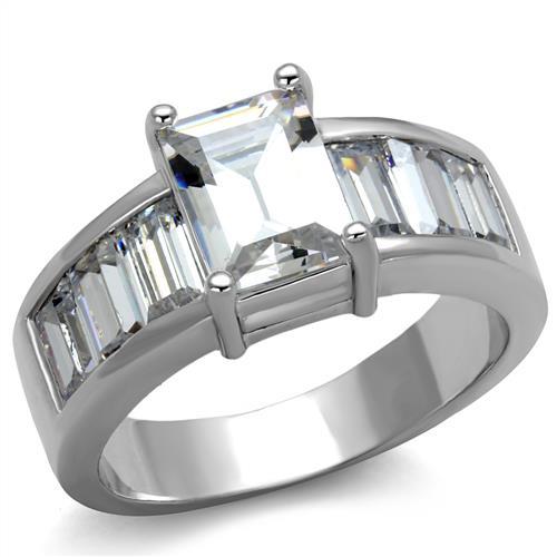 Elegant Rhodium Brass Ring featuring a clear AAA Grade CZ center stone, showcasing its brilliance and luxurious finish.