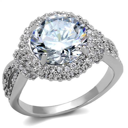3W1087 Rhodium Brass Ring featuring a clear AAA Grade CZ stone, showcasing its elegant design and shiny finish.