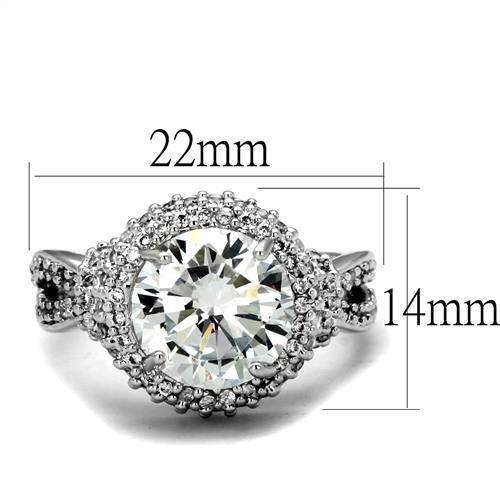 3W1087 Rhodium Brass Ring featuring a clear AAA Grade CZ stone, showcasing its elegant design and shiny finish.
