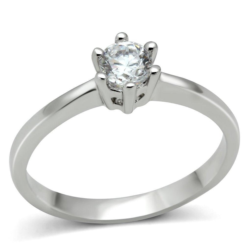 3W109 Rhodium Brass Ring featuring a clear AAA Grade CZ stone, showcasing its elegant design and shiny finish.
