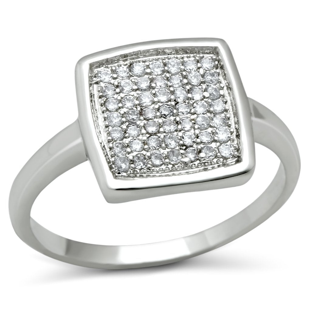 3W120 Rhodium Brass Ring featuring a clear AAA Grade CZ stone, showcasing its elegant design and shiny finish.