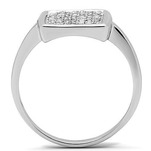3W120 Rhodium Brass Ring featuring a clear AAA Grade CZ stone, showcasing its elegant design and shiny finish.