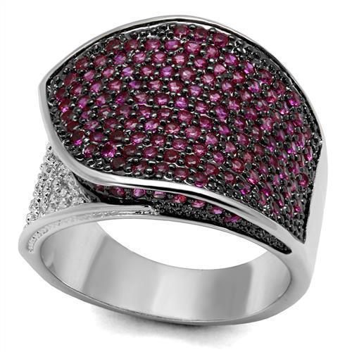 3W1217 Rhodium and Ruthenium Brass Ring featuring AAA Grade CZ in Ruby, showcasing its elegant design and vibrant color.