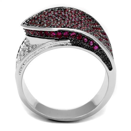 3W1217 Rhodium and Ruthenium Brass Ring featuring AAA Grade CZ in Ruby, showcasing its elegant design and vibrant color.