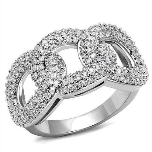 3W1218 Rhodium Brass Ring featuring a clear AAA Grade CZ stone, showcasing its elegant design and shiny finish.