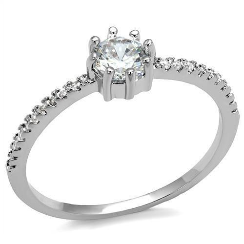 3W1233 Rhodium Brass Ring featuring a clear AAA Grade CZ stone, showcasing its elegant design and sparkling finish.