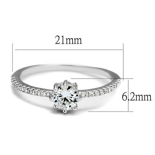 3W1233 Rhodium Brass Ring featuring a clear AAA Grade CZ stone, showcasing its elegant design and sparkling finish.