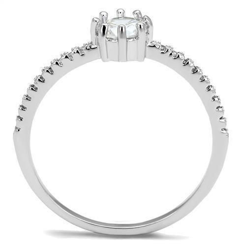 3W1233 Rhodium Brass Ring featuring a clear AAA Grade CZ stone, showcasing its elegant design and sparkling finish.
