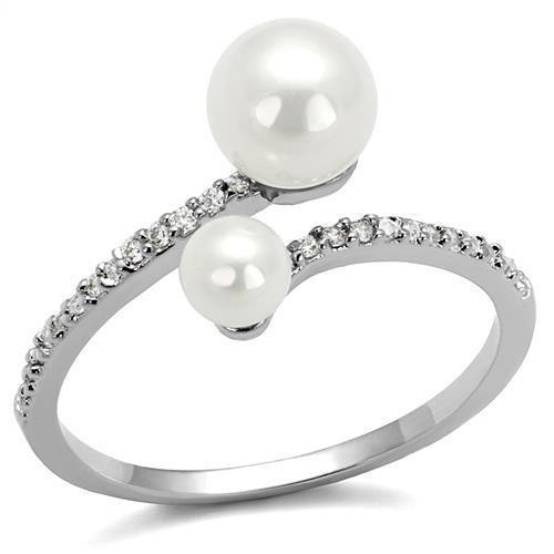 Rhodium brass ring featuring a synthetic white pearl, elegantly designed for comfort and style.