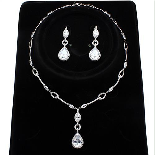 3W1247 Rhodium Brass Jewelry Set featuring AAA Grade CZ stones in clear, showcasing elegant design and sparkling brilliance.